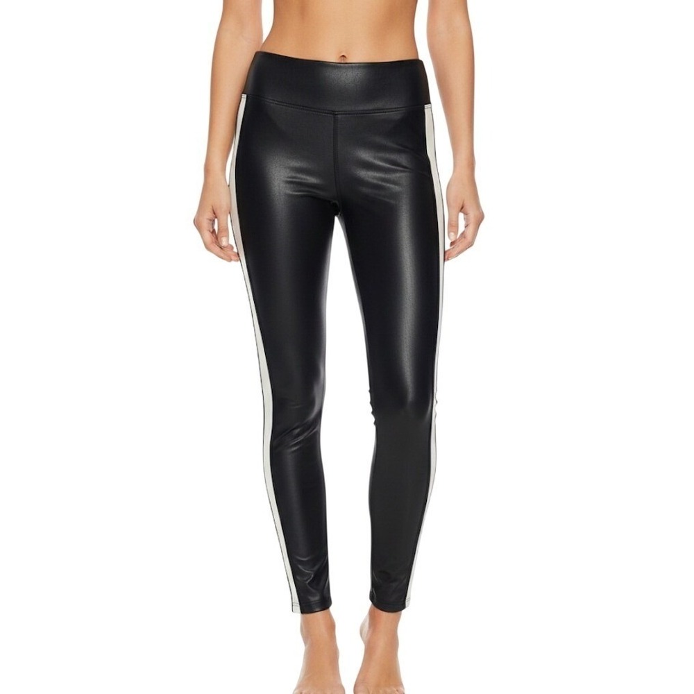 Spanx Pants Womens XL Black Faux Leather Side Stripe High Rise Stretch Leggings